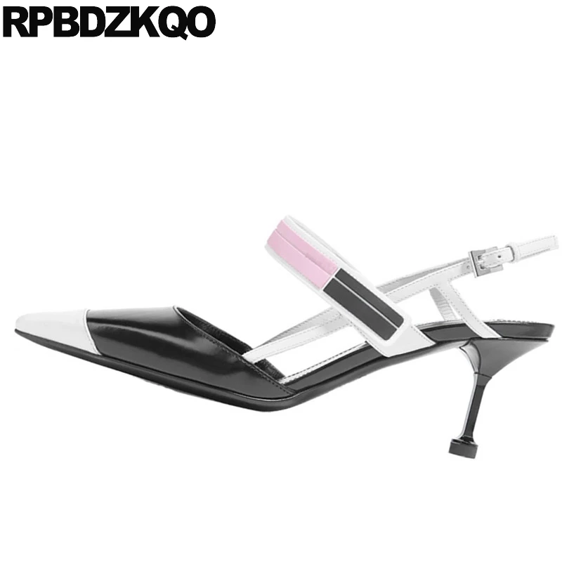 Дизайнер Корейский Slingback черное и белое сандалии с двойным ремнем закрытый носок обувь высокий каблук ремень стилет женщины насосы лето Тонкие каблуки Лето