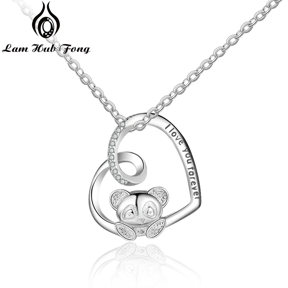 

925 Sterling Silver Heart Necklace with Cute Panda "I Love You Forever" Pendant Necklaces for Women Jewelry Gift (Lam Hub Fong)