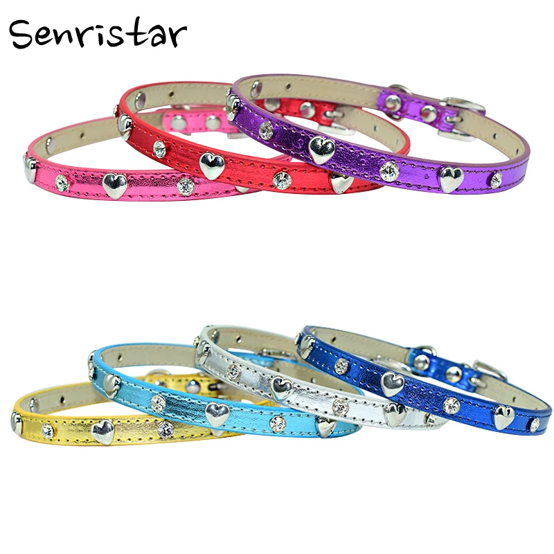 

PU Leather Soft Jewelry Pet Dog Collar For Small Medium Dogs Rhinestone Love Adjustable Puppy Kitten Cats Bright leather Collar