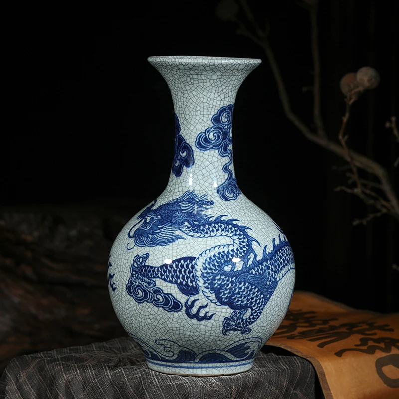 Jingdezhen Ceramic Vase Room Flower Arrangement Cracked Blue and White Dragon Antique Flower Classical Chinese Home Decoration