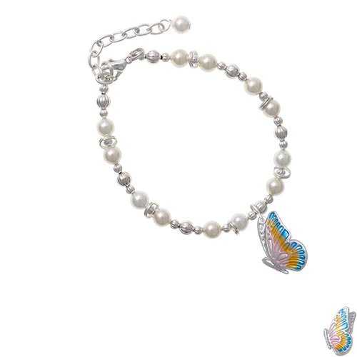 Silvertone Large Translucent Pastel Flying Butterfly Imitation Pearl Beaded Bracelet