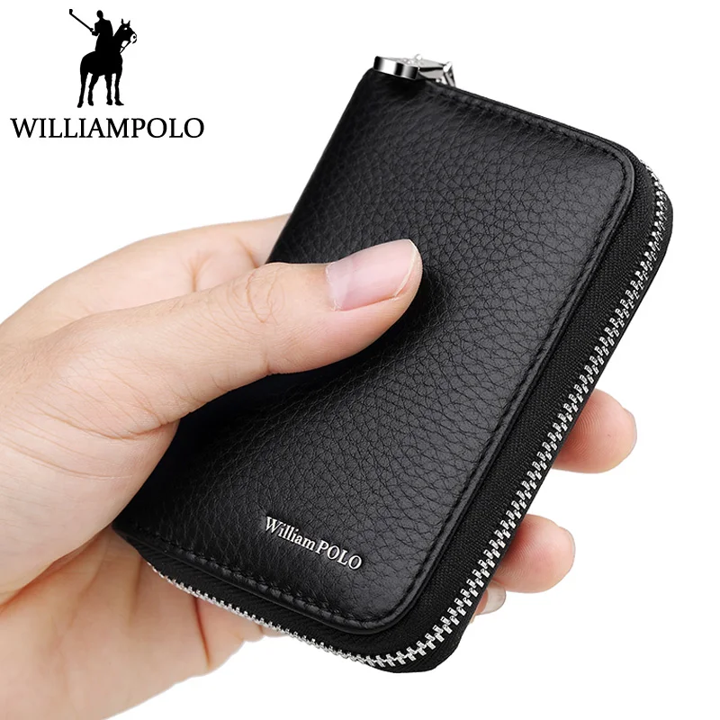 

WILLIAMPOLO High-end Credit Card Holder Card Case Genuine Leather Coin Pocket Small Zipper Business ID Card Holder Men Unisex