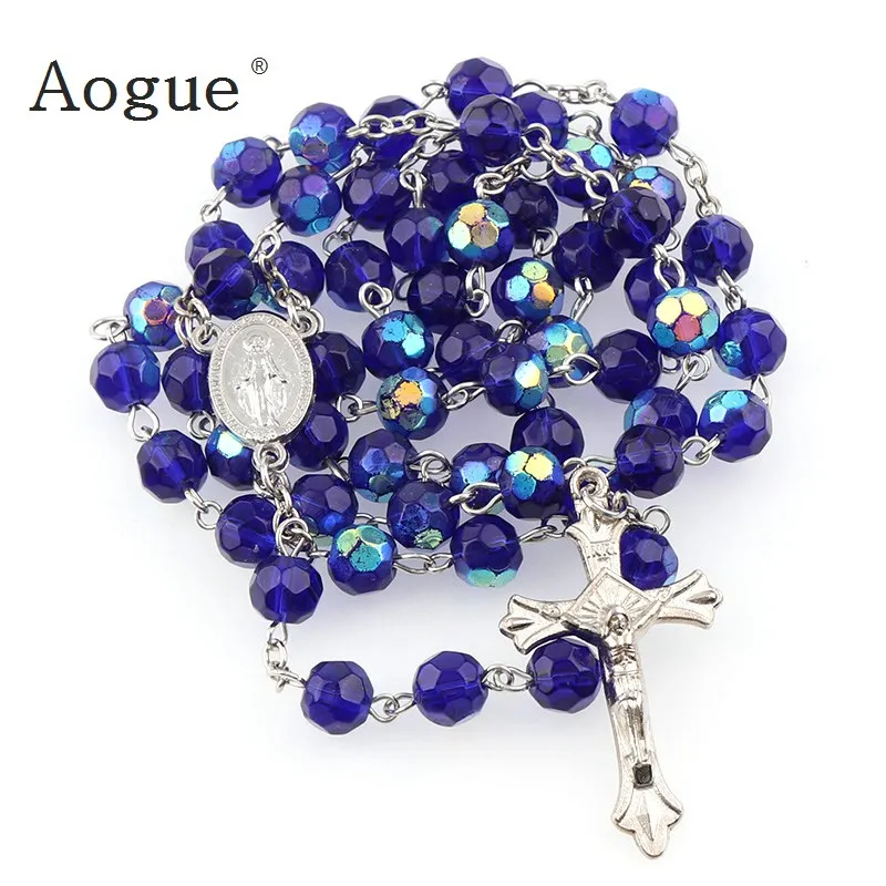 

8mm Dark Bule AB Faceted Glass Rosary Jerusalem Cross White Crucifix By Marina Center Catholicism Prayer Religious Jewelry