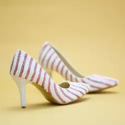 Острые носки жемчуг розовый белый свадебные туфли-лодочки для вечеринок каблуки 8 см тонкий каблук NQ084 белый черный в полоску ручной работы