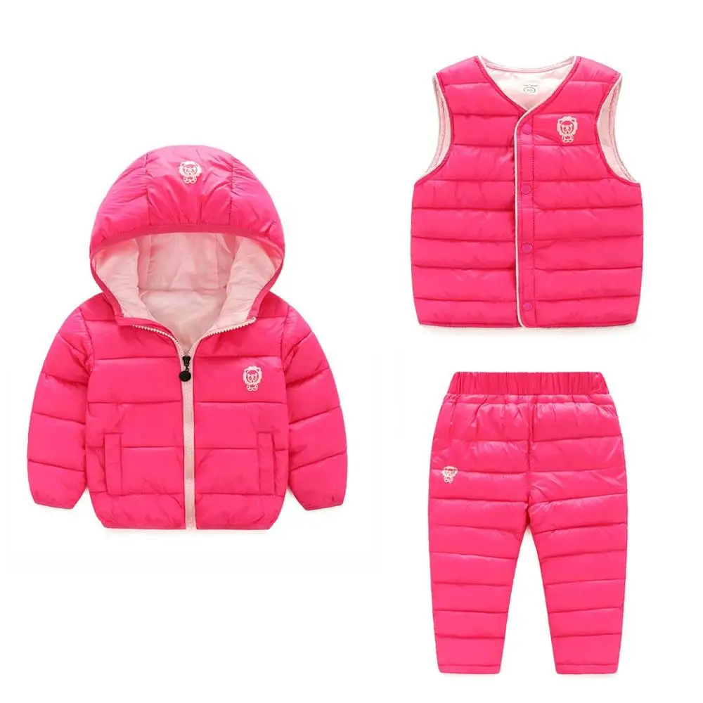 Детские зимние штаны теплый комплект для малышей куртка с капюшоном пальто+ жилет+ брюки 3 шт. костюм модная одежда для мальчиков и девочек уличные костюмы дети Однотонная одежда - Цвет: RED