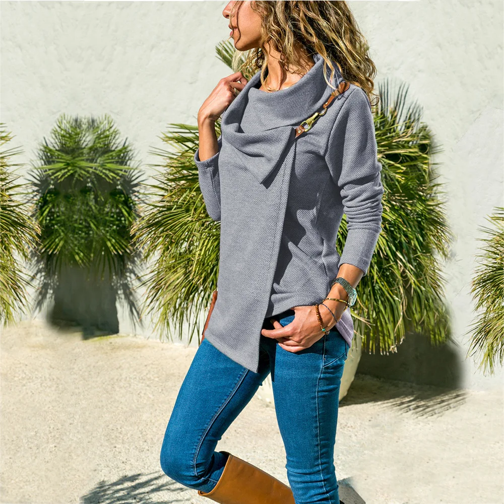 

Autumn and Winter New pullovers Asymmetrical Long-sleeved Diagonal Hook Card Casual long sleeve shirt women