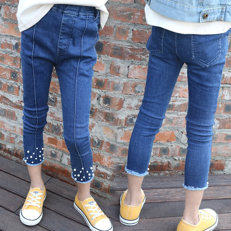 Детская одежда джинсы для девочек г. Новые весенние тонкие штаны для девочек джинсовые брюки с жемчужинами