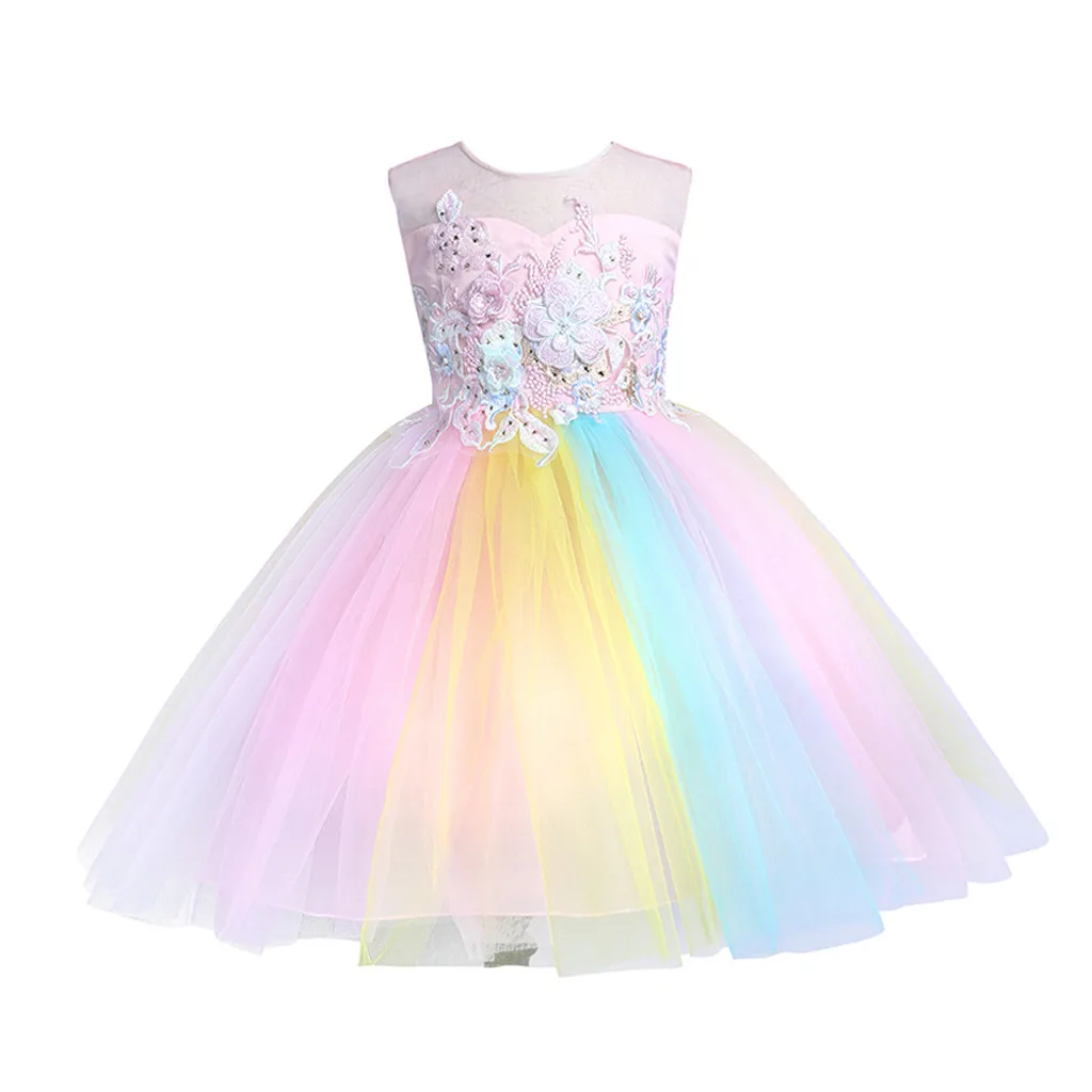 

2019 Summer Brand New Princess Dress Kid Baby Girls Party Pageant Cute Sleeveless Backless Strap Rainbow Beach Tutu Dresses