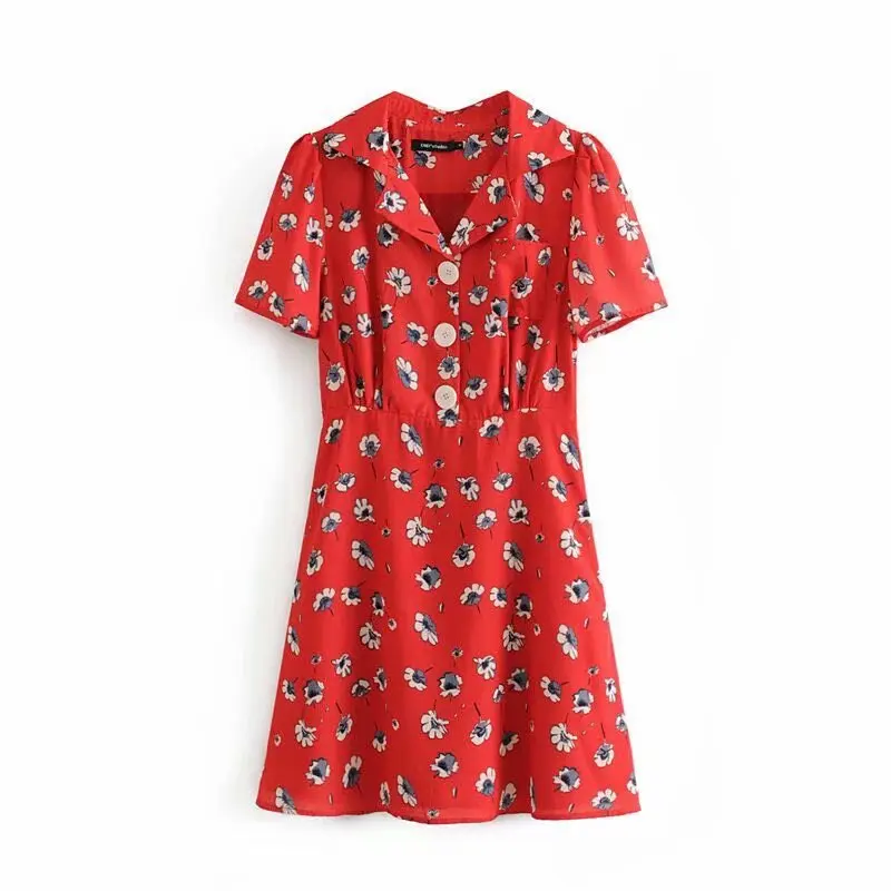 

QZ680 Women Vintage Floral Print Notched Neck Slim Waist Buttons Deco Wrapped Dress French Stylish Retro Vestidos