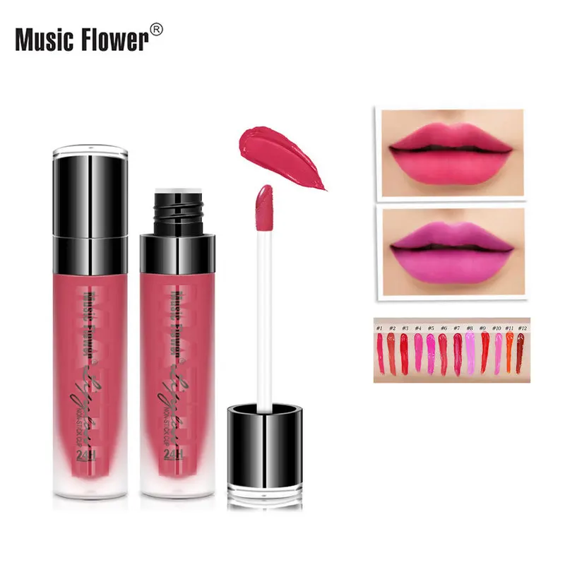

Music Flower 12colors Non-Stick Cup Matte Lip Gloss Set Waterproof 24H Long-lasting Easy To Color Lipstick Women Cosmetics TSLM1