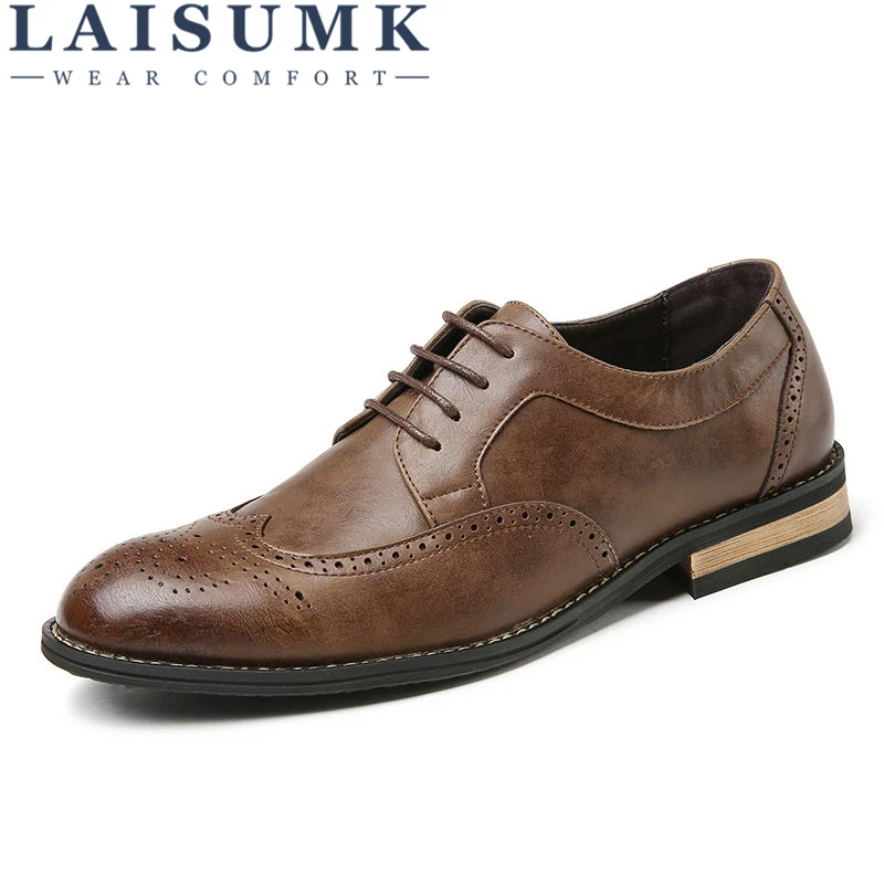 

LAISUMK Men Genuine Leather Shoes Breathable Dress Business Shoes Man High Quality Flat Shoes Fashion Lace Up Men Shoes Oxfords