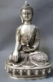 

8" China silver dragon feng shui buddhism Shakyamuni Buddha sculpture Statue
