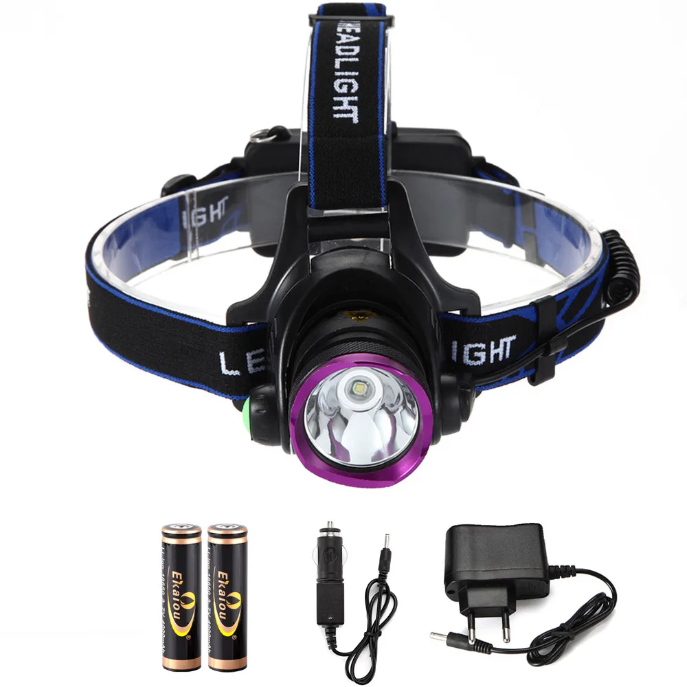 Kopen Led koplamp 6000 Lumen XM L T6 koplamp waterdicht Hoofdband lamp Camping lamp + 2*18650 batterij + lader + autolader SET