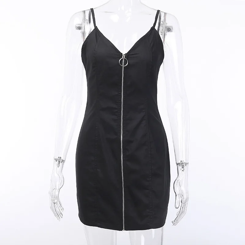 

Summer Women's Dress Mini Short Solid Color Street Cocktail Clubwear Sexy Sling V-neck Zipper Bodycon Dress