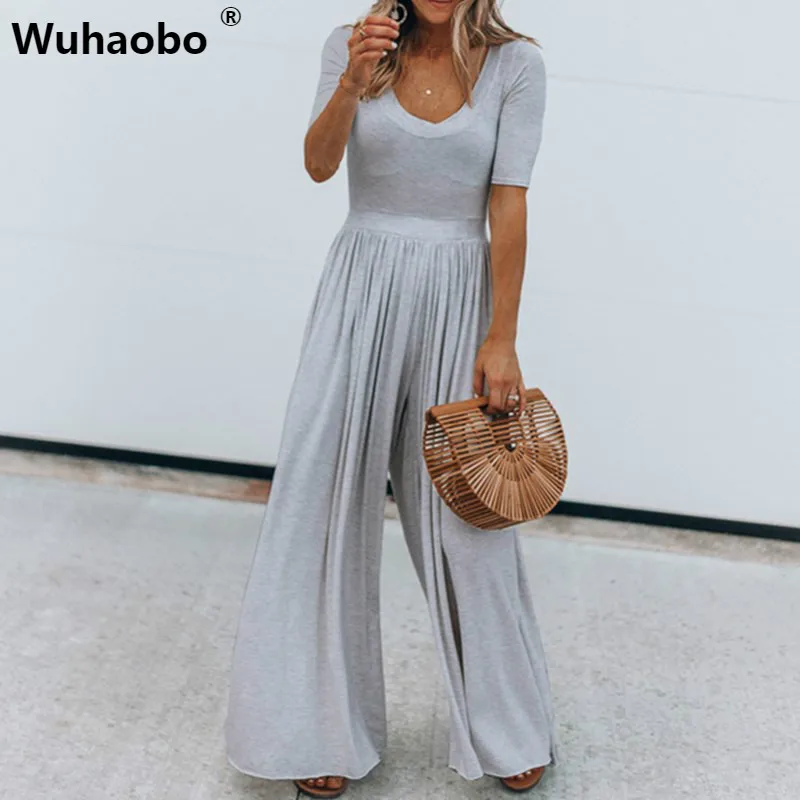 Wuhaobo بنطال ذو قصة أرجل واسعة طويل بذلة المرأة ملابس بأكمام قصيرة بذلة الصيف رومبير 2019 فضفاض ارتداءها عارضة وزرة
