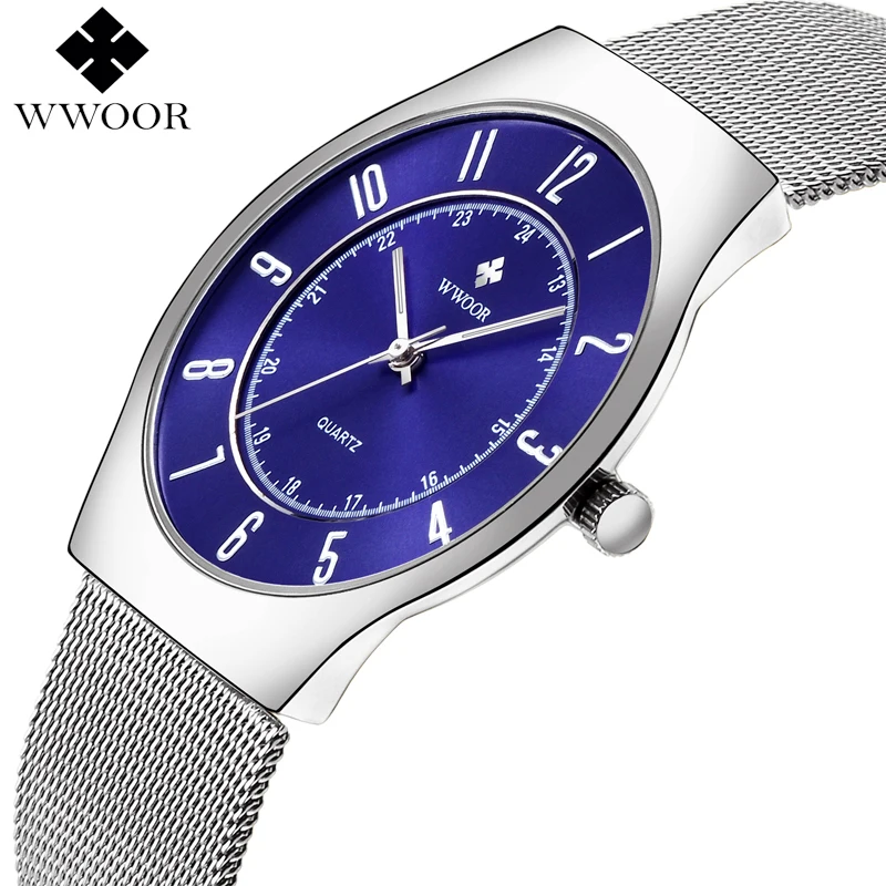 

WWOOR Mens Watches Brand Luxury Ultra Thin Stainless Steel Mesh Band Men Business Quartz Wrist Watch Waterproof Male Clock Blue