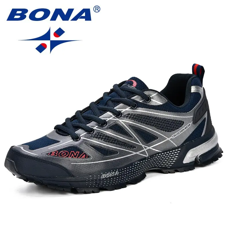 BONA New Fashion Outdoor Men Casual Shoes Trendy Comfortable Mens Sneakers Breathable Lightweight Man Walking Trainers - Цвет: DEEP BLUE SLIVERGREY