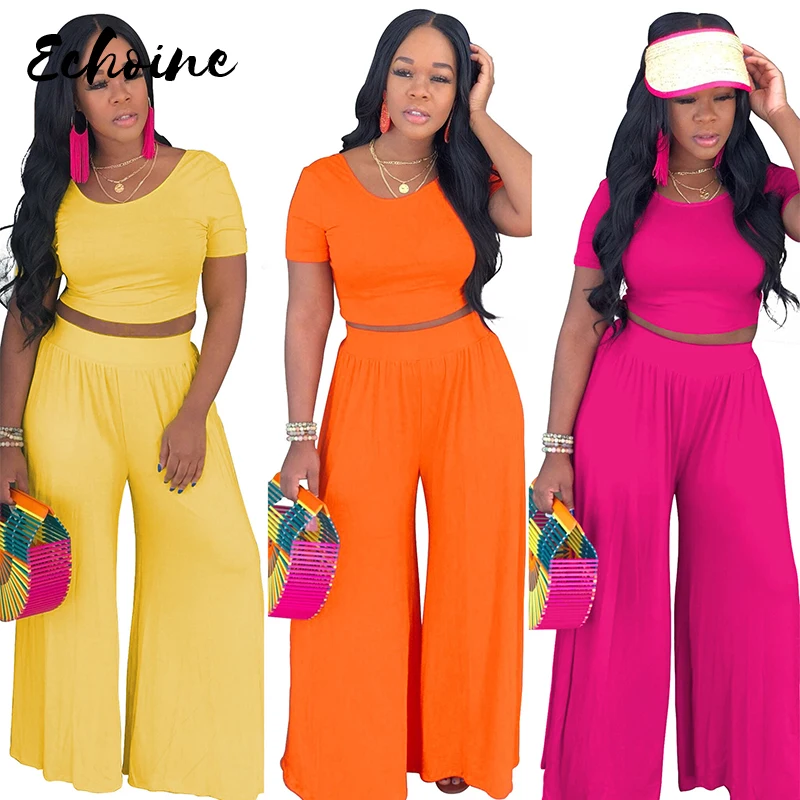 

Echoine 2 Two Piece Set Women Ribbed O Neck Crop Top and Long Straight Loose Pants Set Sexy Summer Short Sleeve Tracksuit 2019
