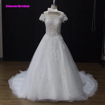 

CloverBridal high quality Mangas cortas vestido de noiva 2017 renda princesa fotos reais V neck and back lace tulle wedding