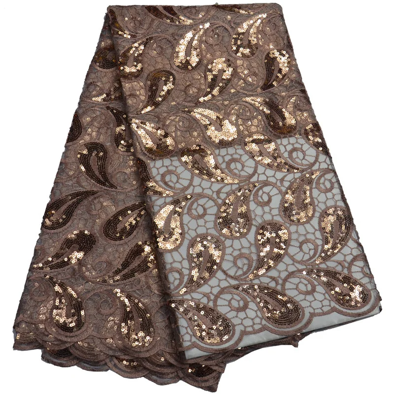 

Free shipping (5yards/pc) high quality African net lace fabric ligh brown sequins tulle lace for luxury party dress FLP802