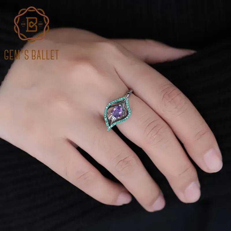 

GEM'S BALLET Natural Purple Amethyst Gemstone Leaf Ring 925 Sterling Sliver Neo-Gothic Vintage Rings For Women Party Jewelry