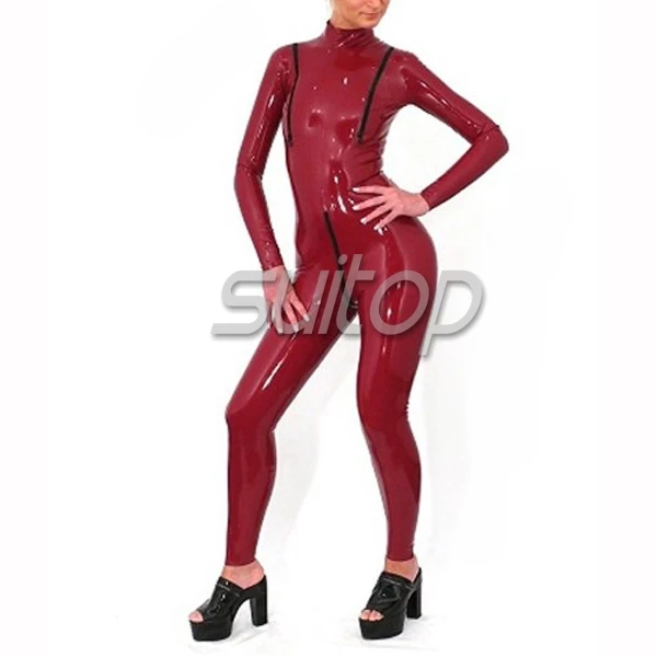 

Customize latex catsuit with back zip sexy latex rubber clothes for women with breast zip in dard red