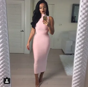 

Vintage New 2018 Women Dress Elegant Pink Rayon High Neck Midi Bandage Pencil Dress Vestidos Wholesale cocktail party dresses