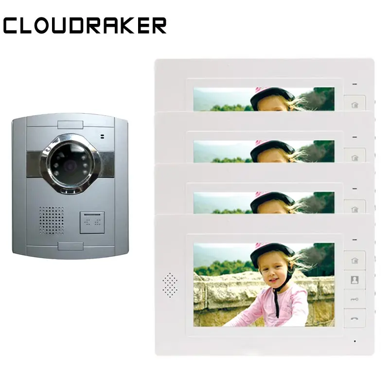 

CLOUDRAKER Video Door Phone Door Bell Intercom System 4x 7 Inch Monitor with 1x Silver Doorbell Video Intercom Unlock