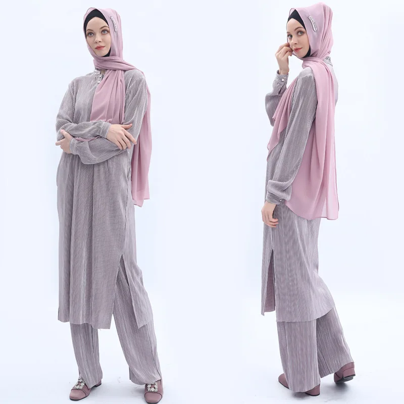

Abaya Muslim Homme Pleated Sets Two Pieces Set Blouse Tops+Long Pants Djellaba Dubai Long Robe Arab Ramadan Islamic Clothing