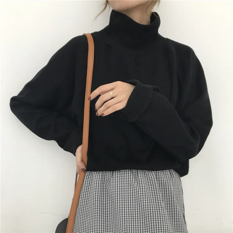Высокое качество с высоким воротником женский корейский свитер сплошной цвет женский пуловер Топы свободные корейский стиль мода - Цвет: Черный