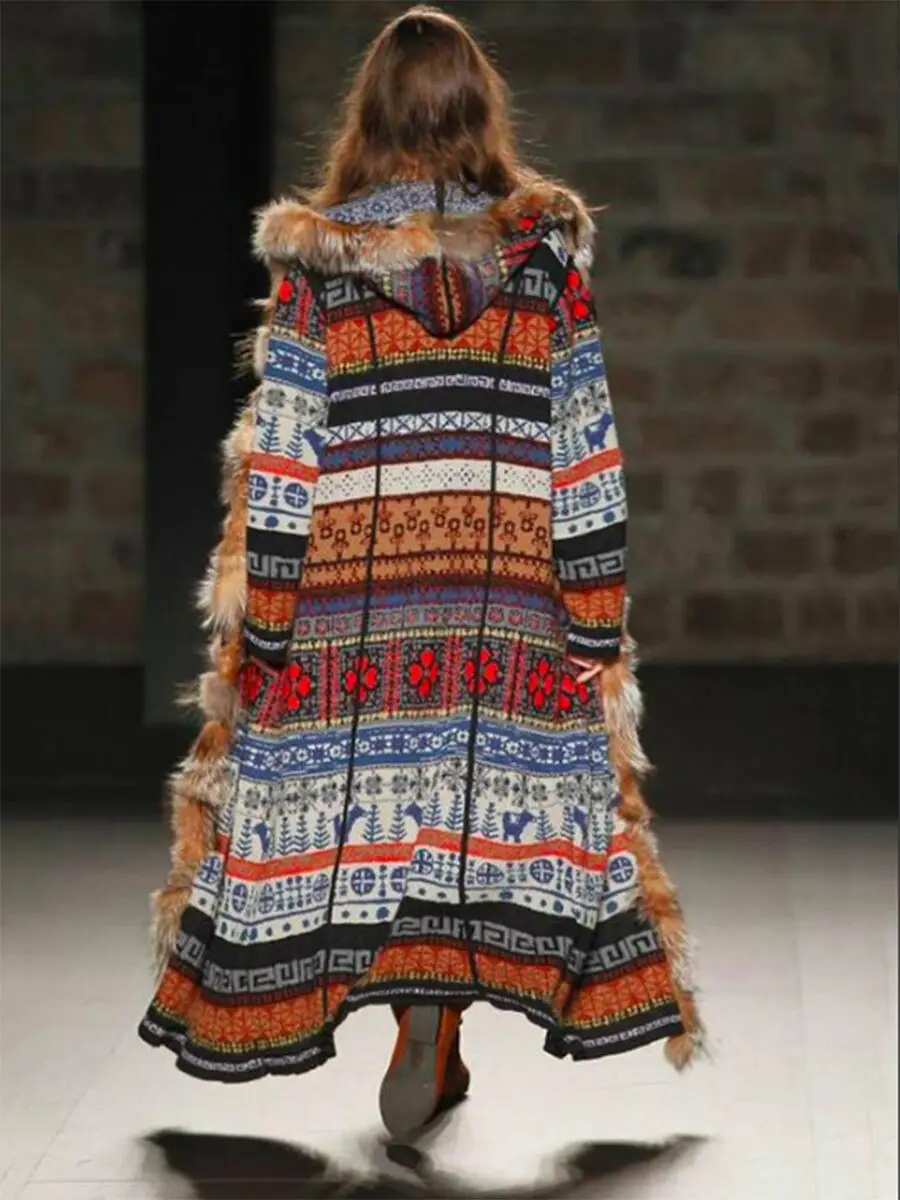 BOHOFREE Winter Long Coats Fake Furs Long Sleeve Runway Bohemian Style Boho Fashion Women Jacket Coats Outerwear Coats