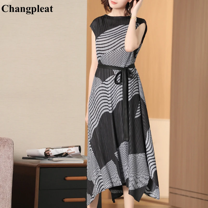 

Changpleat summer 2019 New Women printed Dresses Miyak Pleated Fashion Design loose Large size Elastic waist Female dress Tide