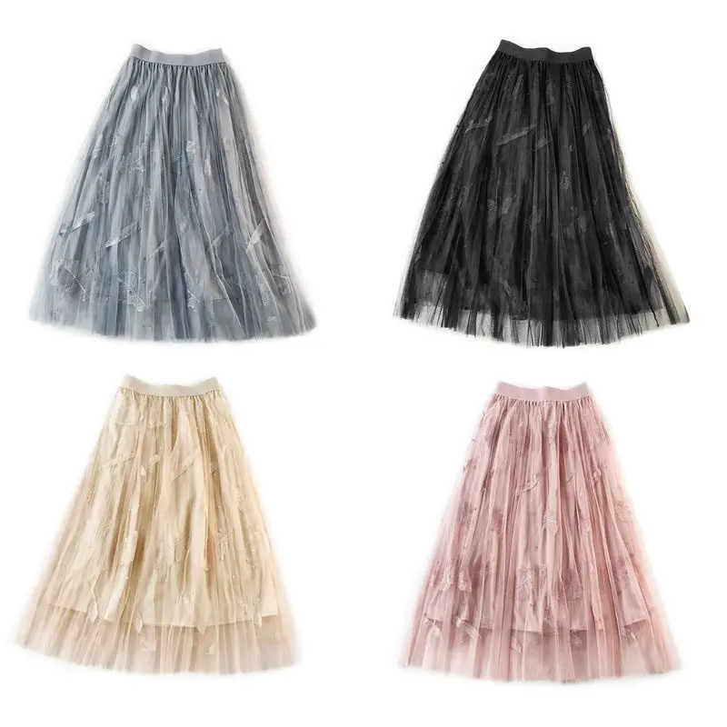 

Ladies High Waist Multi Layer Mesh Pleated Maxi Long Skirt Plain Solid Color Beaded Feather Embroidered Fancy Beach Party Dress