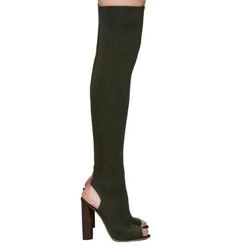

Black stretch fabric suede over the knee open toe knit Boots Cut Out Heel Thigh High Boots In Beige Knit elastic sock long Boots