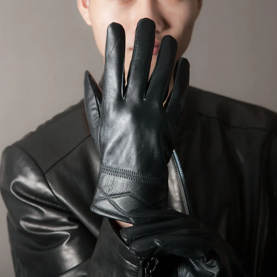 Черные перчатки из натуральной кожи мужские теплые утолщенные варежки из овчины мужские зимние уличные перчатки для вождения и верховой
