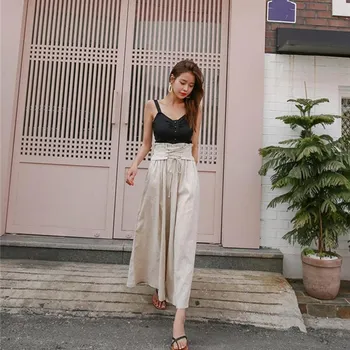 

2019 Women Lace Up Wide Leg Pants Casual Pleated Loose High Waist Trousers Boho Beach Linen Pants