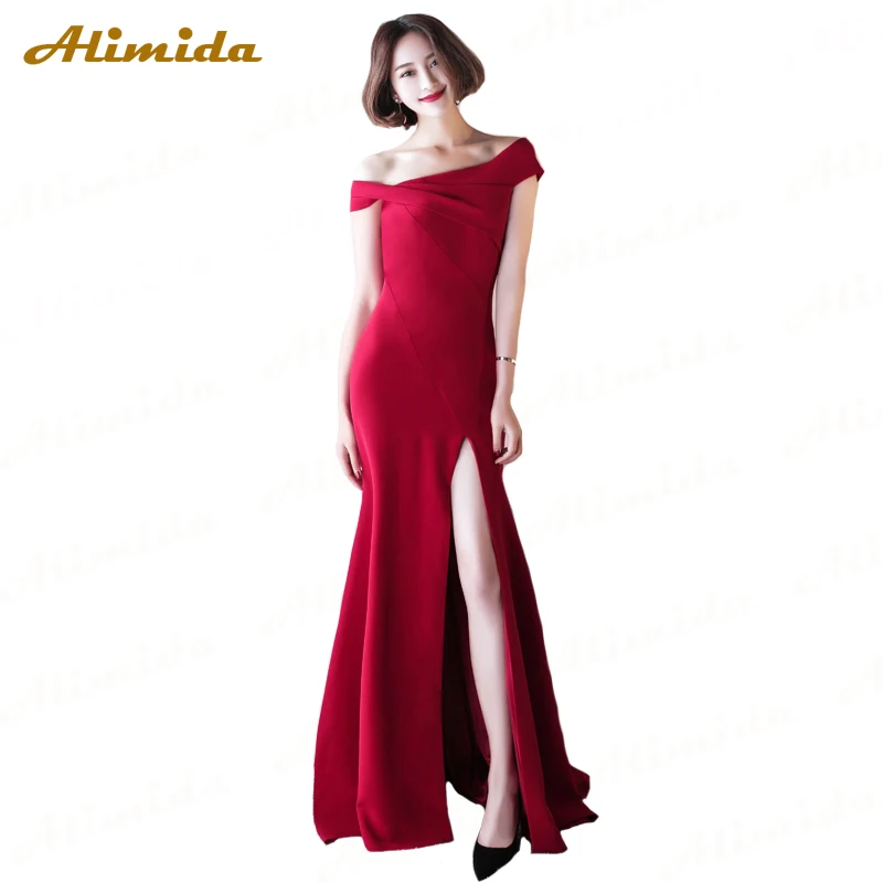 

ALIMIDA Satin Evening Dress Long 2017 Elegant Party Dresses Front Split Sexy Prom Dress Backless Custom Size robe de soiree