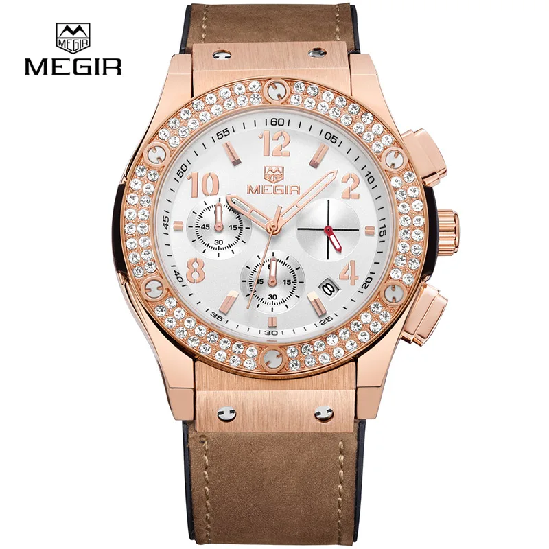 MEGIR Fashion Mens Brown Leather Unisex Quartz Watches Chronograph Wristwatch for Woman Luxury Neuter Watches for