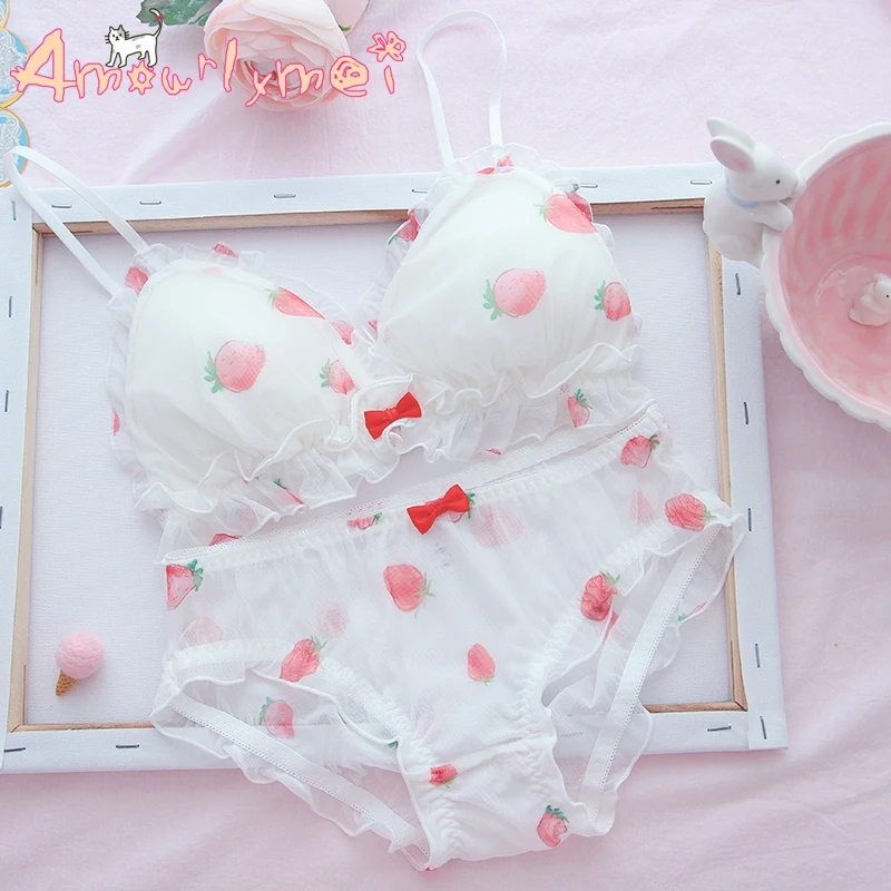

Lolita Kawaii Strawberry Print Thin Mesh Bow Ruffles Bra+Panties Wire free Soft Underwear Japanese Sweet Princess Intimates Sets