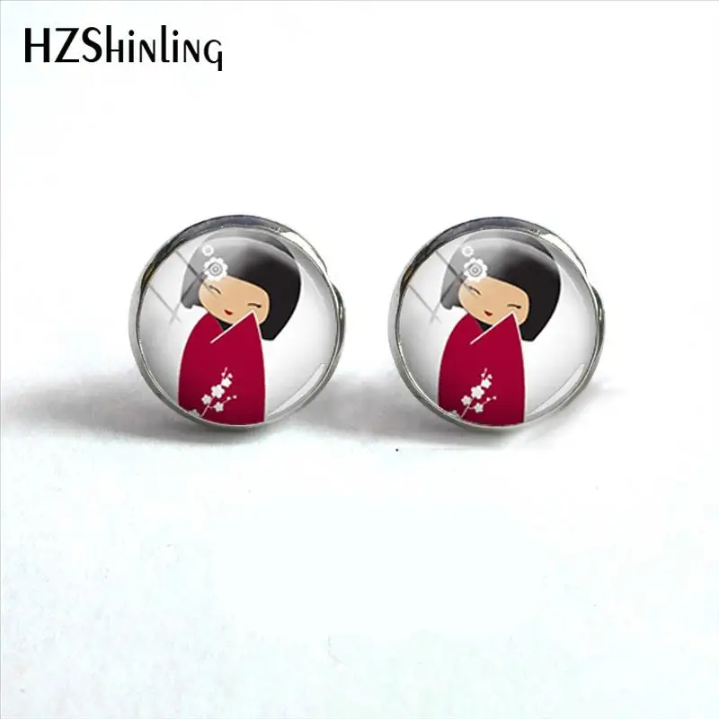 

2018 New Kokeshi Japanese Dolls Round Earring Silver Glass Dome Cabochon Earrings Handmade Photo Jewelry HZ4