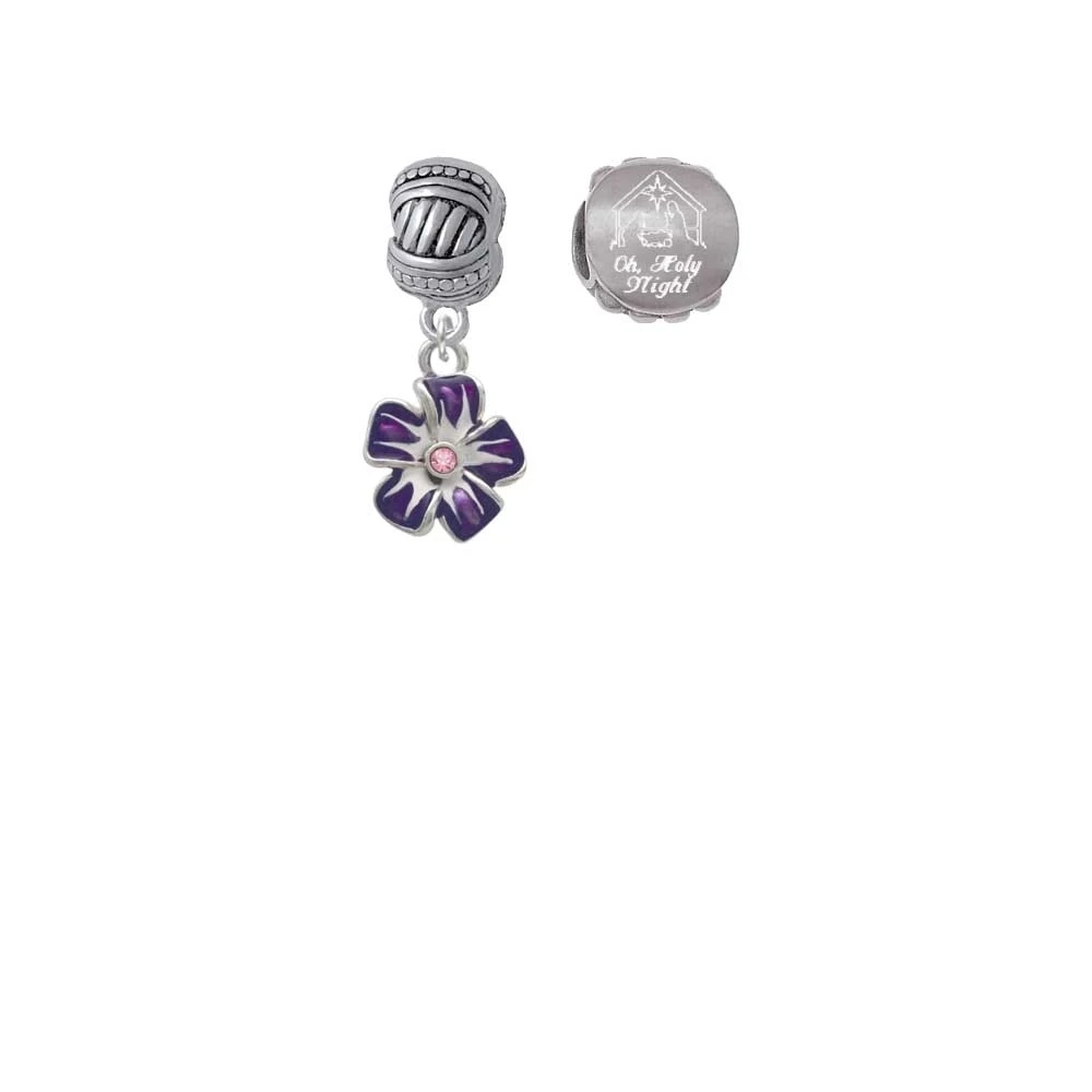 Purple and White African Violet Flower with Pink Crystal Come Let us Adore Him Charm Beads (Set of 2)