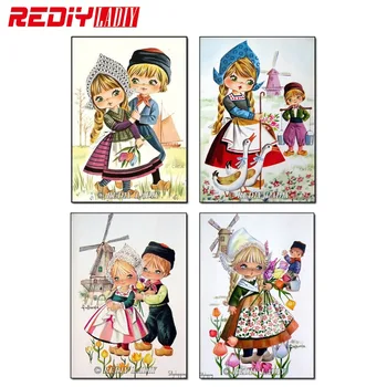 

REDIY LADIY Diamond Painting Cross Stitch Kits Full Diamond Embroidery Old Dutch Children Needlework Diamond Mosaic Home Decor