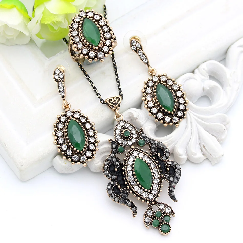 Vintage Turkish Women Flame Necklace Resin Jewelry Ethnic Pendant Necklace Crystal Drop Antique Moon Arabia Bride Dowry