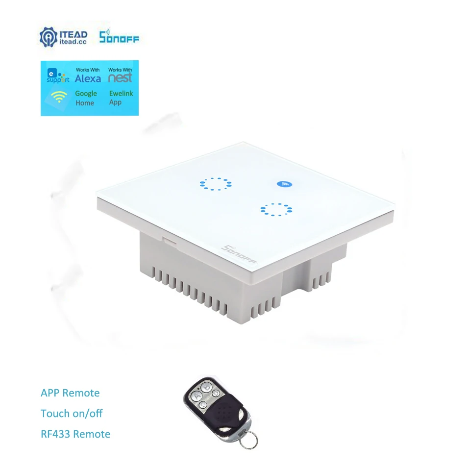 

ITEAD Sonoff T1 UK Panel 2 Gang WiFi Smart Home Automation RF/APP/Touch Control Light Timer Wireless Switch Google Nest / Alexa