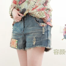 Дизайн леса женский народный стиль вышитые патч Изношенные прямые тонкие Широкие джинсовые шорты Горячие Брюки