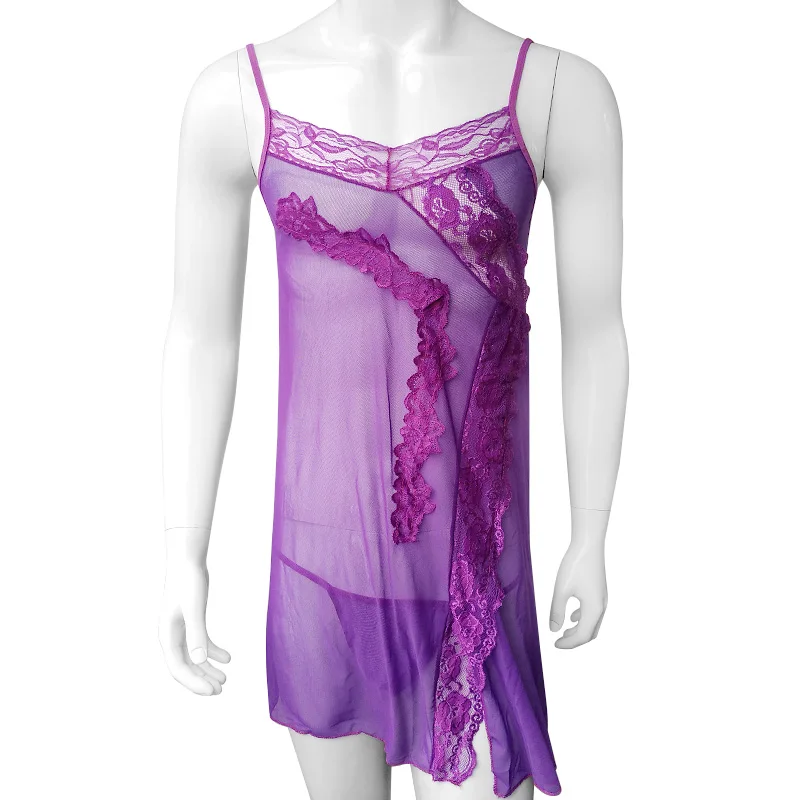

Sexy Mens Sissy Lingerie Sleepwear Fancy Dress Adjustable Straps Frilly Ruffled Lace Mesh See Through Dress Babydoll Nightwear