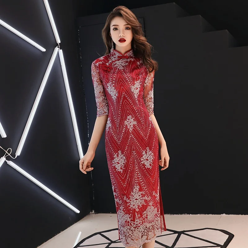 Традиционное китайское свадебное платье вино кружево половина рукав стрейч Cheongsam Qipao платье миди элегантные китайские платья FF1706