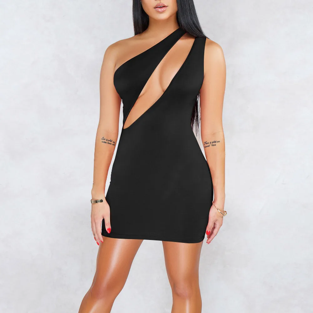 

Summer Women Sexy Dress One-Shoulder Hollow Out Sleeveless Solid Slim Club Evening Party Mini Dress Women Clothes Sundress
