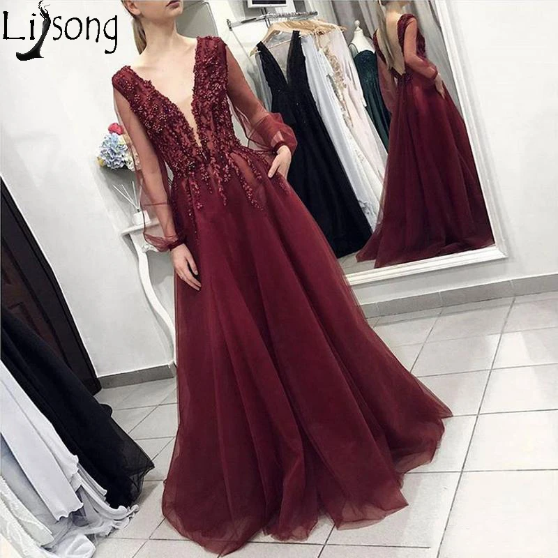 2019 Elegant Wine Red Prom Dresses V ...