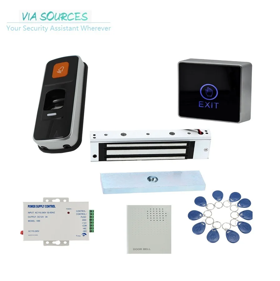 

Direct Factory Biometric Fingerprint RFID ID 180kg magnetic electric lock Access Control kit with doorbell 10 tags cards